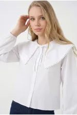Kadın Beyaz Bebe Yaka Düğmeli Şık Günlük Gömlek HZL26S-BD1203141