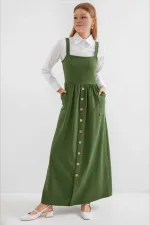 Kadın Haki Askılı Düğme Detaylı Cepli Kuşaklı Uzun Elbise HZL24S-BD124901