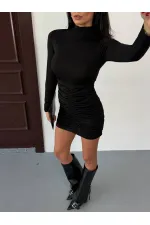 Women's Black Stretch Fabric Turtleneck Long Sleeve Drape Detail Mini Dress HZL25W-FRY123551