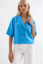 Veste Ayrobin en lin bleu à manches courtes et col châle pour femme, boutonnée, HZL24S-BD107061