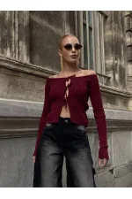 Kadın Bordo Önden Bağlamalı Madonna Yaka Crop Bluz HZL25W-ZK10331