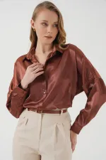 3985 Oversize Saten Gömlek - Taba
