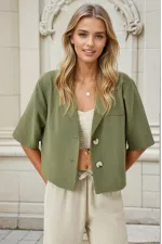 Veste Ayrobin en lin kaki à manches courtes et col châle pour femme, boutonnée, HZL24S-BD107061