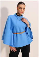 Poncho en cachemire bleu pour femme, col Judge, ceinture détaillée HZL24W-BD191341