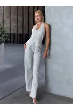Kadın Gri Çizgili Önü Fermuarlı Bluz Pantolon İkili Takım HZL25S-ZK13691