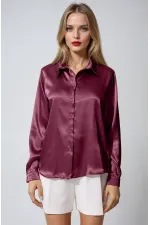 Kadın Mürdüm Hafif Dökümlü Saten Yüzeyli Gömlek Hzl22w-bd139641