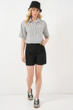 Kadın Çizgili Crop Gömlek 20342 - Siyah