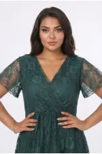 Kadın Yeşil Büyük Beden V Yaka Astarlı Dantel Detaylı Şık Abiye Elbise HZL26S-PR11071