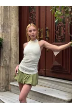 Kadın Krem Boyundan Bağlamalı Gofre Kumaş Bluz HZL25S-ZK13631