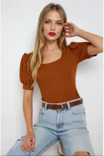 Kadın Taba Kare Yaka Örme Bluz HZL22W-BD104091