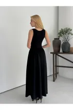 Kadın Siyah Bisiklet Yaka Üstü Esnek Viskon Alt Geniş Poplin Dokuma Kolsuz Elbise HZL26W-DSB1221