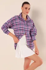 Women's Lilac Purple White Striped Plaid Shirt HZL22W-BD1201451
