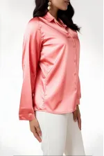 Kadın Somon Hafif Dökümlü Saten Yüzeyli Gömlek HZL22W-BD139641