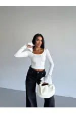 Kadın Beyaz Uzun Kollu Arkası Bağlamalı Fit Kesim Crop Bluz HZL25W-FRY122771