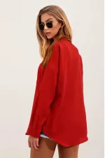 Kadın Kırmızı Tek Cepli Oversize Keten Ayrobin Gömlek HZL24S-BD1201531