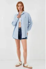 Kadın Buz Mavi Oversize Çift Cepli Keten Gömlek HZL22S-BD1201261