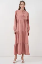 T1627 Yaka Bağcıklı Elbise - Pudra