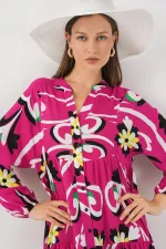 Kadın Desenli Uzun Tesettür Elbise 2585 - A.Fuşya