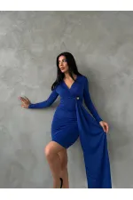 Kadın Saks Mavi V Yaka Toka Ve Büzgü Detaylı Elbise HZL25W-FRY122611