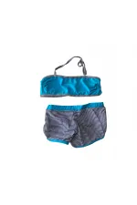 Kız Çocuk Mavi Siyah Çizgili Şortlu 4-12 Yaş Straplez Bikini Takım HZL24S-LC9034