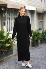 Robe longue noire en maille côtelée à col zippé pour femme HZL24W-BD1102271
