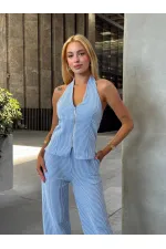 Kadın Mavi Çizgili Önü Fermuarlı Bluz Pantolon İkili Takım HZL25S-ZK13691