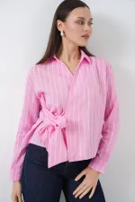 Chemise rayée à nouer sur le devant pour femme 20362 - Rose