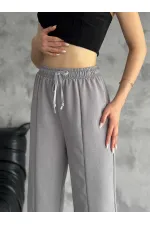 Kadın Gri Lastikli Bel Yırtmaç Detaylı Cepsiz İthal Keten Astarsız Pantolon HZL24S-FRY121941