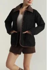 Kadın Siyah Çıt Çıt Kapamalı Kadife Detaylı Kapitone Mont HZL25W-BD152261