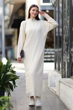 Robe mi-longue en maille côtelée à col zippé, coupe large, couleur crème, pour femme, HZL24W-BD1101831