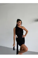 Robe courte noire asymétrique à boucle pour femme, en tissu drapé couleur sable, HZL26S-FRY123881