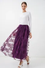 Women's Flock Print Long Tulle Skirt 8070 - Purple