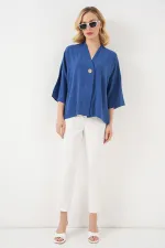 Kadın Kısa Kol Oversize Kimono 5969 - İndigo