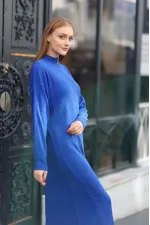 Robe longue en maille côtelée bleu saxon pour femme, col zippé, HZL24W-BD1102271