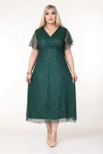 Kadın Zümrüt Yeşil Büyük Beden Kruvaze Yaka Payetli Abiye Elbise HZL26S-PR11171
