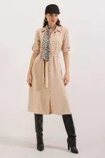 Kadın Bej Kuşaklı Gömlek Elbise 2442