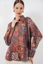 Women's Oversize Patterned Satin Shirt 20365 - Terracotta