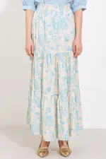 Jupe longue en viscose bleu crème à motifs pour femme, modèle 1898