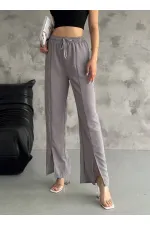 Kadın Gri Lastikli Bel Yırtmaç Detaylı Cepsiz İthal Keten Astarsız Pantolon HZL24S-FRY121941