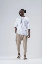 Pantalon de survêtement coupe droite à rayures camel pour homme, avec ceinture nouée à la taille, HZL24S-MXC8948-203