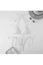Kadın Beyaz İp Bağlamalı Aksesuarlı Astarlı Yüksek Bel Üçgen Bikini Takım HZL24S-LC2229