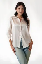 Kadın Yeni Krem Hafif Dökümlü Saten Yüzeyli Gömlek HZL22W-BD139641