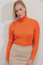 Pull col roulé côtelé orange pour femme HZL22W-BD1445001