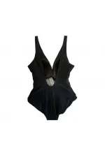 Women's Black Feather Pattern V-Neck Side Sash Swimsuit HZL25S-LC4007