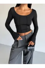 Kadın Siyah Uzun Kollu Arkası Bağlamalı Fit Kesim Crop Bluz HZL25W-FRY122771
