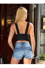 Kadın Siyah Sırtı Fermuarlı Ajurlu Model Triko Crop HZL24S-ZK10301