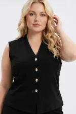 Kadın Siyah Büyük Beden V Yaka Yelek Pantolon İkili Takım HZL26S-PR12131