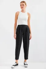 6637 High-Waisted Striped Fabric Trousers - Black