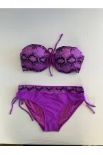 Kadın Lila Siyah Desenli Taş İşlemeli Toparlayıcı Bikini Takım HZL25S-LC3333