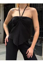 Kadın Siyah Boyundan Bağlamalı Staplez Bluz HZL25S-ZK13581